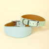 A light mint green wide leather dog collar with a silver buckle shown on a beige background.