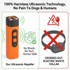 An orange portable ultrasonic repellent device is shown next to a crossed-out electric shock collar.