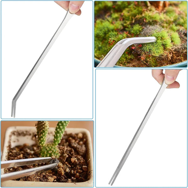 Stainless steel aquarium tweezers set shown in various angles and used for handling small plants and materials.