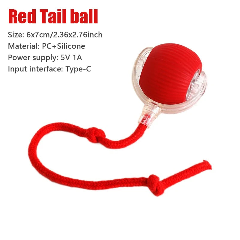 A red tail ball cat toy with a silicone rolling ball and elastic string for play