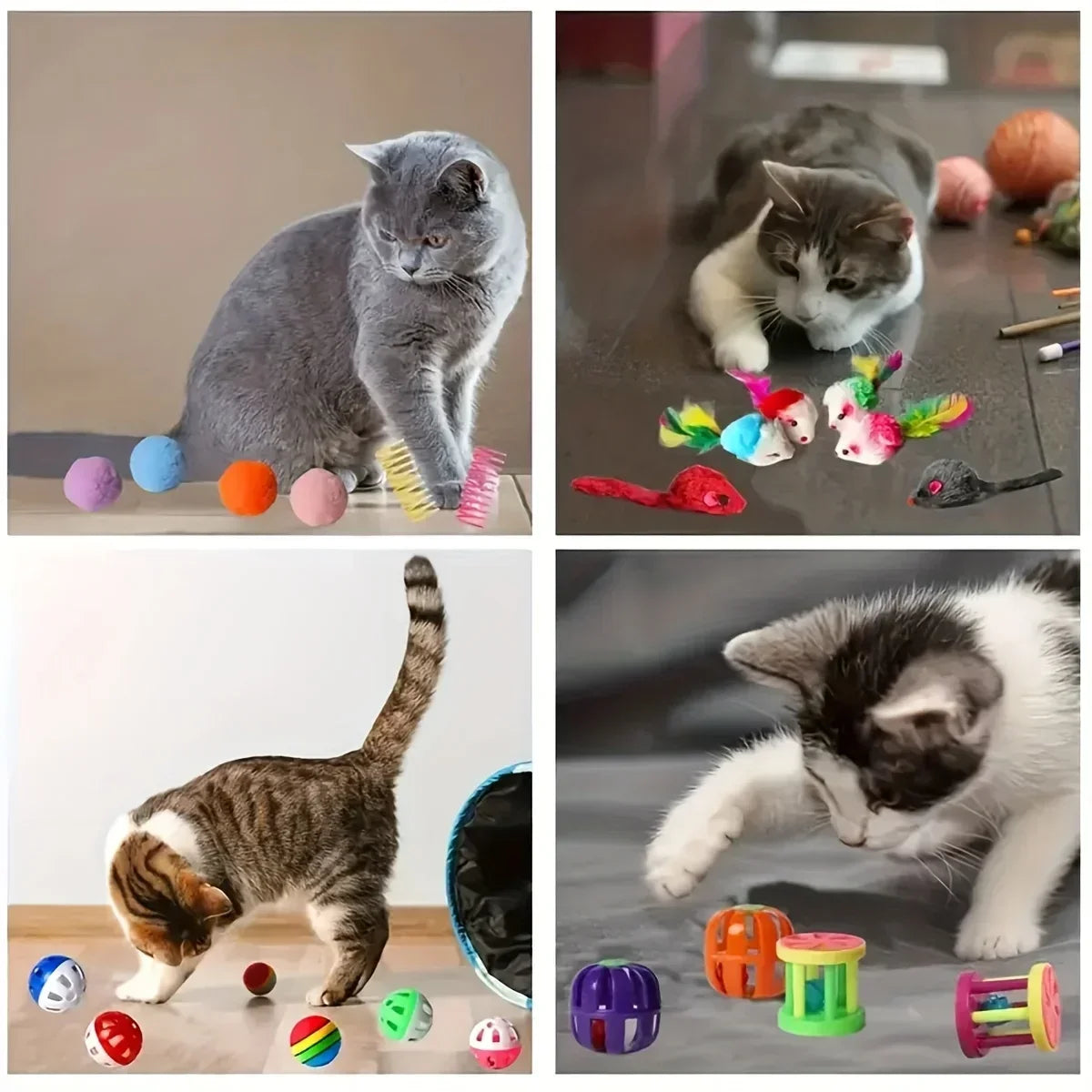 A bundle of mixed cat play toys including balls, mice, and rings for cats.