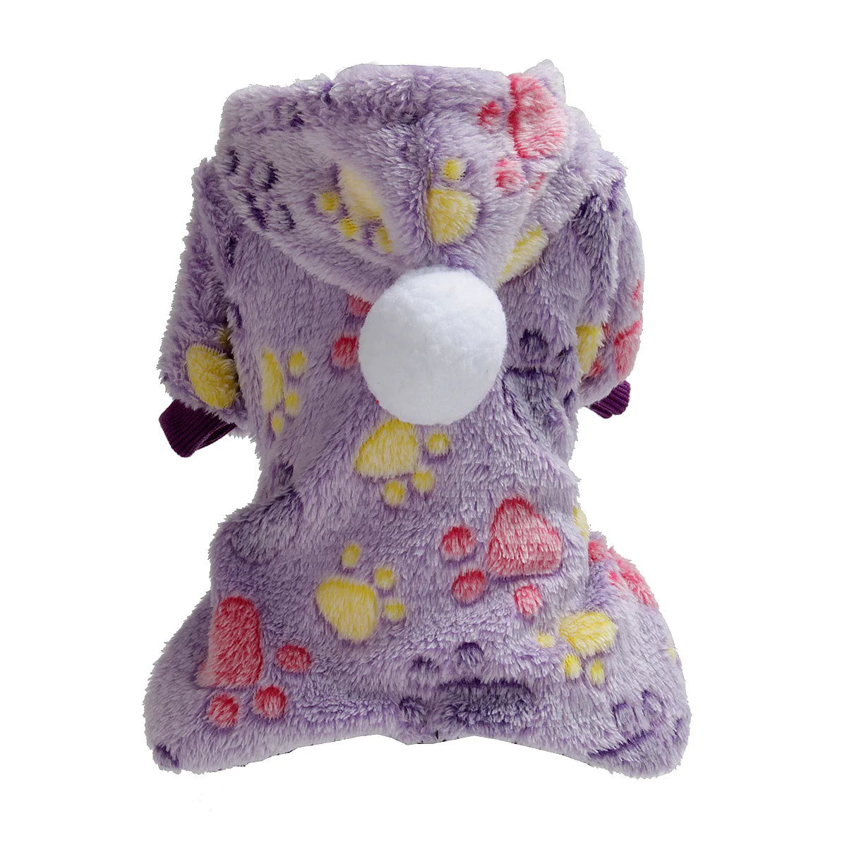 Prenda de ropa para perros de franela morada con estampados de huella de pata rosa y amarilla y un parche circular blanco.