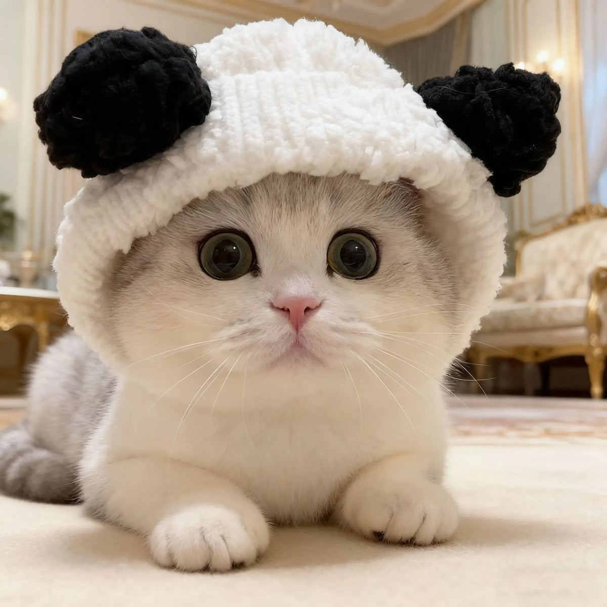 A fluffy white kitten wearing a black bear cap pet head cover, sitting on a light surface.