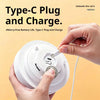 A hand is interacting with a white electronic device labeled Type-C Plug and Charge, demonstrating its function.