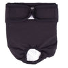 Black reusable female dog diapers with an adjustable fit and a cutout for the penis.