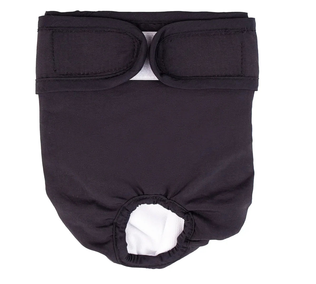 Black reusable female dog diapers with an adjustable fit and a cutout for the penis.