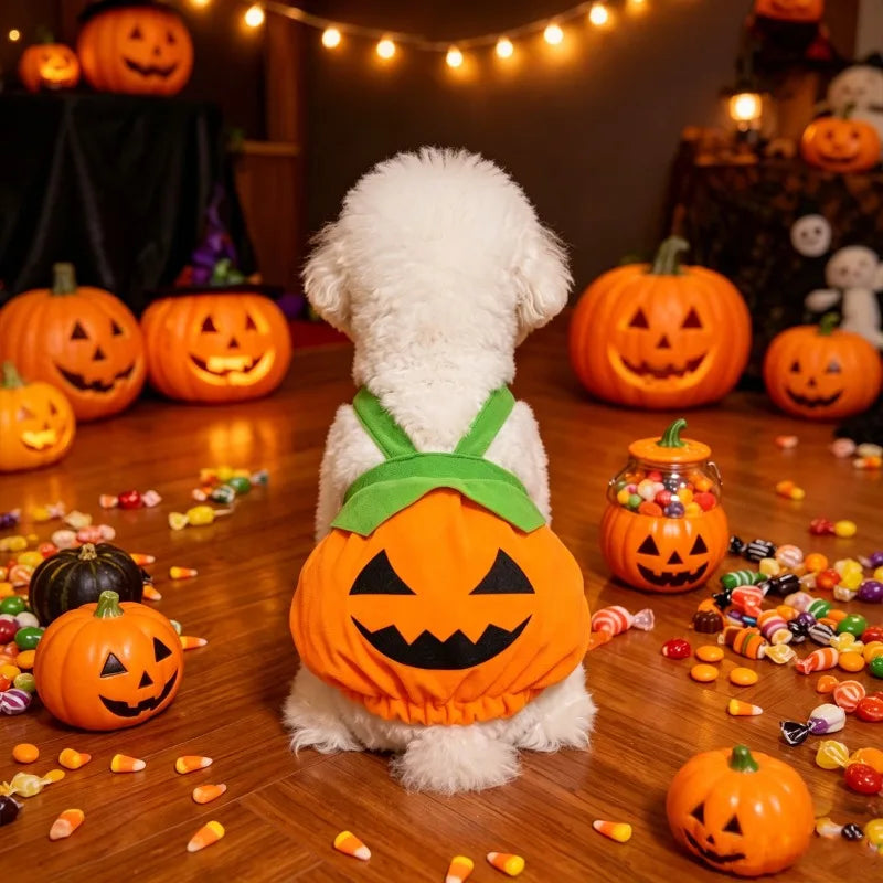 Un perro blanco esponjoso con disfraz de calabaza naranja sentado en un suelo de madera rodeado de pequeñas calabazas.