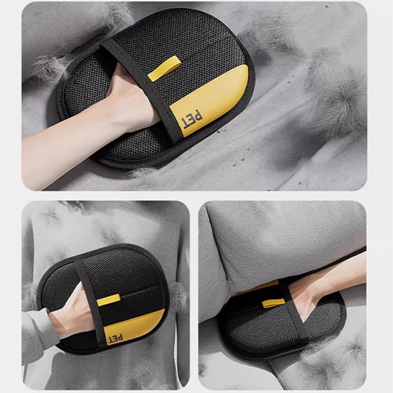 A pair of black double-sided pet grooming gloves with yellow accents shown being used on a hand.