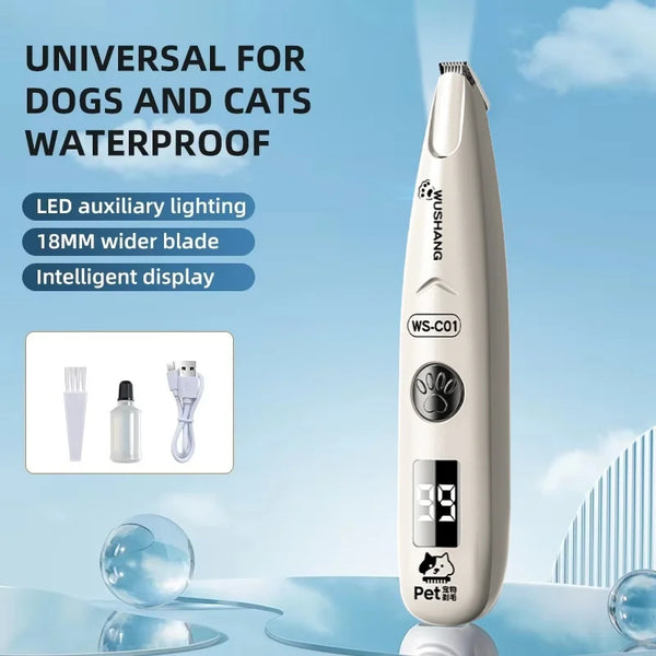 A white pet grooming trimmer with an intelligent display and LED lighting is shown against a light blue background.