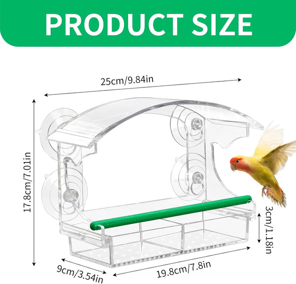 Nourrice pour oiseaux avec tube vert et ventouses, montrée avec les dimensions.