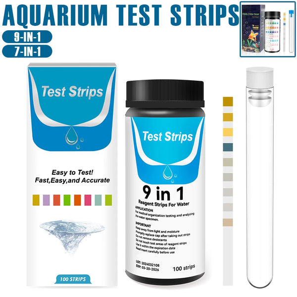 Box of 9-in-1 reagent test strips for water quality testing with instructions and a dropper