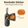 A reminder sticker is shown inside a brown biodegradable dog poop bag with the text '3 bags left, 3 sacs restants, 3 bolsas r
