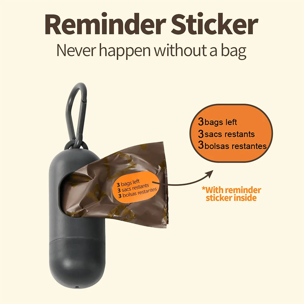 A reminder sticker is shown inside a brown biodegradable dog poop bag with the text '3 bags left, 3 sacs restants, 3 bolsas r