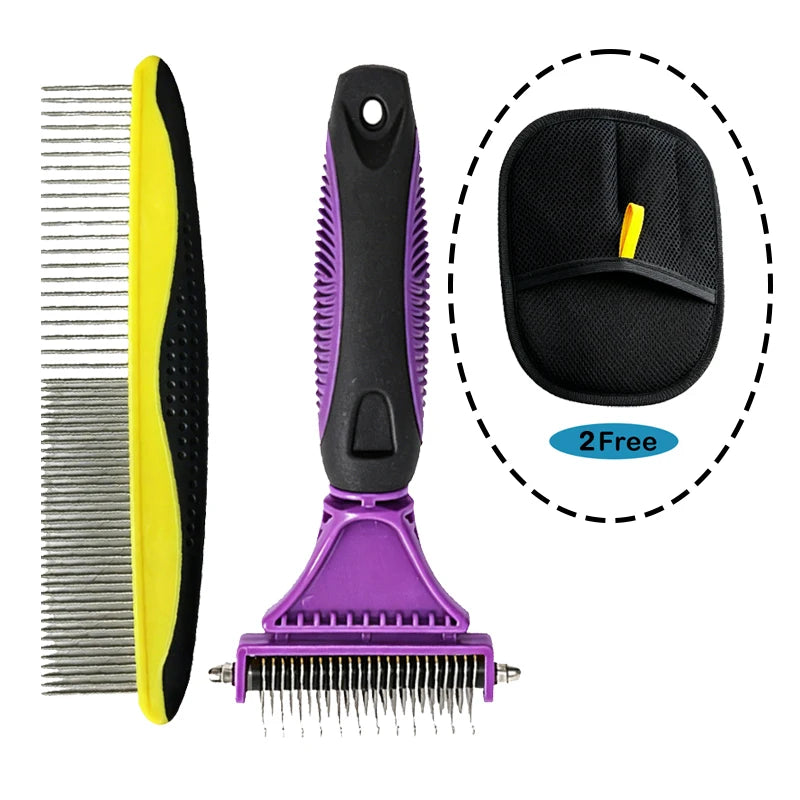A purple grooming brush with a black handle and yellow accents, shown alongside a black brush attachment.