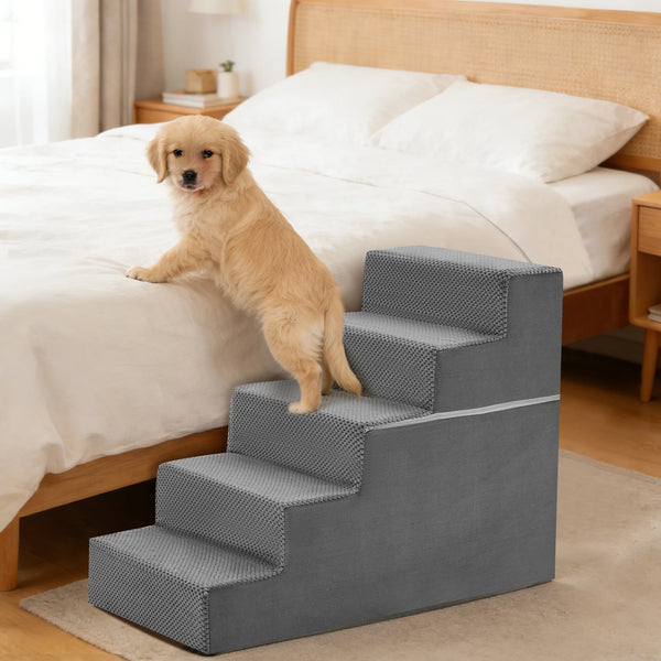 A golden retriever dog is standing on a gray adjustable pet climbing stairs ramp next to a wooden bed.