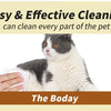 A cat is being cleaned on its body with a white wipe, demonstrating easy and effective cleaning.