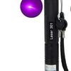 A black portable laser indicator light with a purple beam visible.