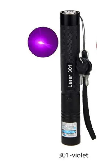 A black portable laser indicator light with a purple beam visible.
