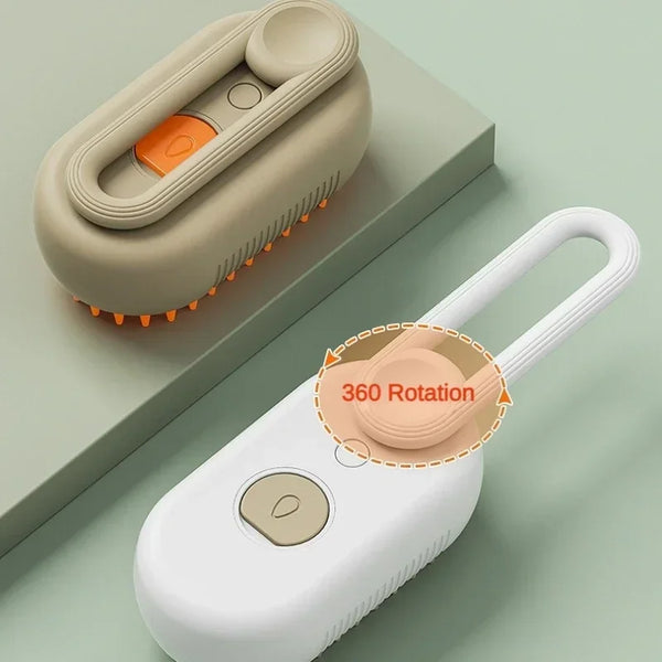 A white pet grooming brush with a silicone head is shown on a green surface, demonstrating 360 rotation capability.