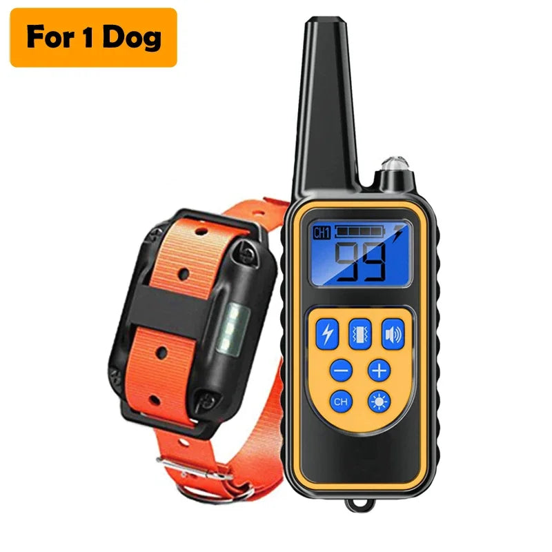 A black remote dog training collar with an LCD display and buttons is shown alongside the orange strap for one dog.