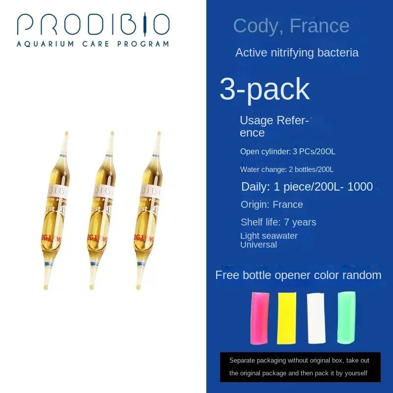 Un pack de 3 bouteilles de solution de renforçage d'eau pour aquarium liquide avec étiquettes et un ouvre-bouteille.