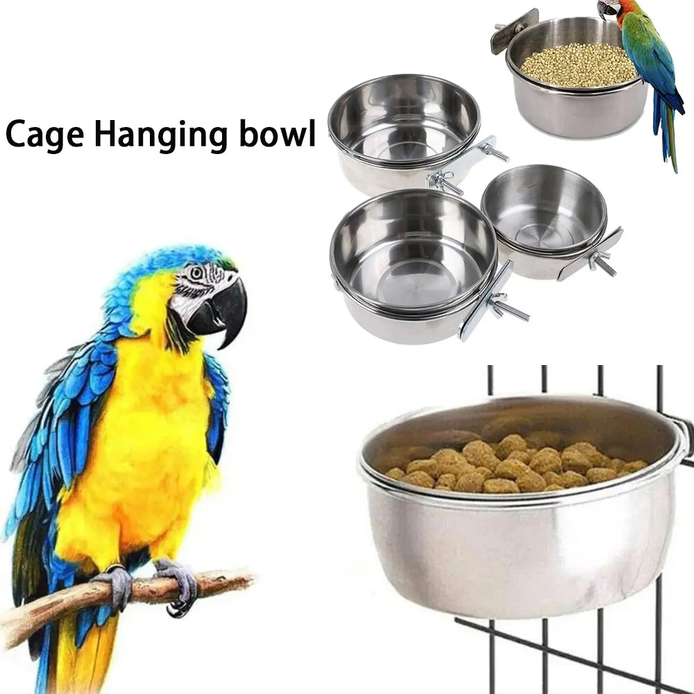 Stainless steel clamp-on pet feeding bowl hanging from a bird cage