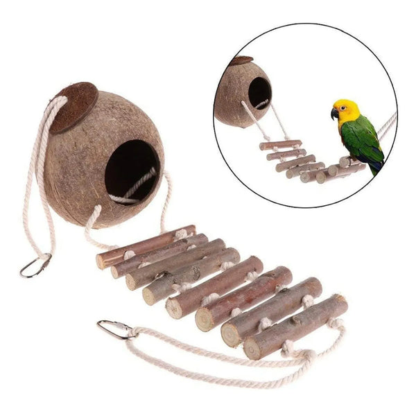 Natural coconut shell bird nest with a climbing ladder for birds