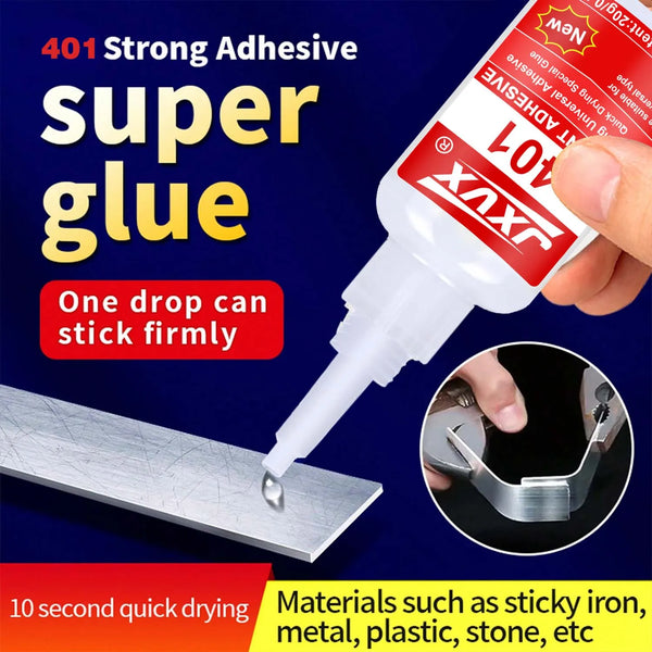 Une main applique une goutte de super glue sur une surface métallique, démontrant ses fortes propriétés adhésives.