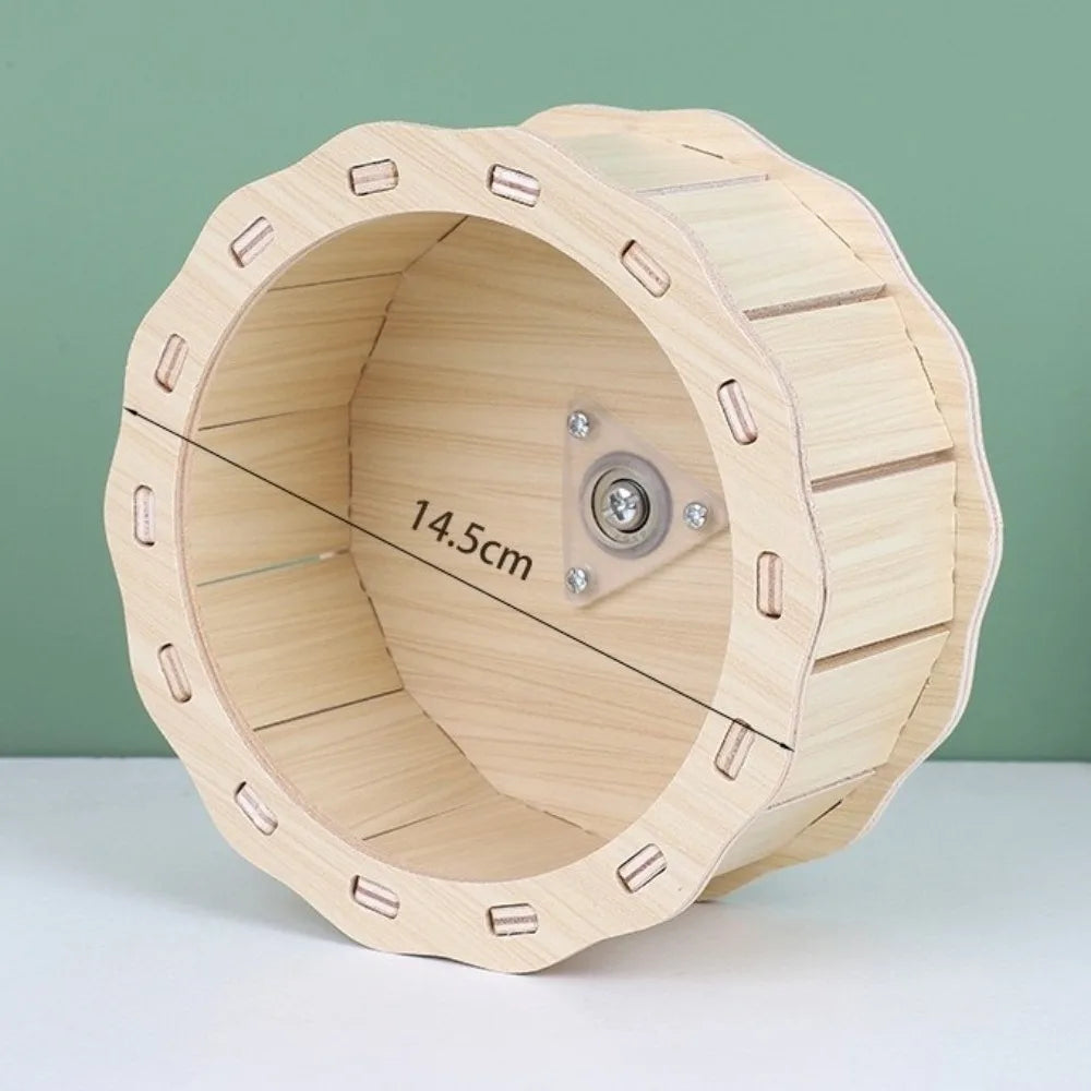 A natural wooden hamster house and activity platform with a circular entrance and surrounding wooden slats.