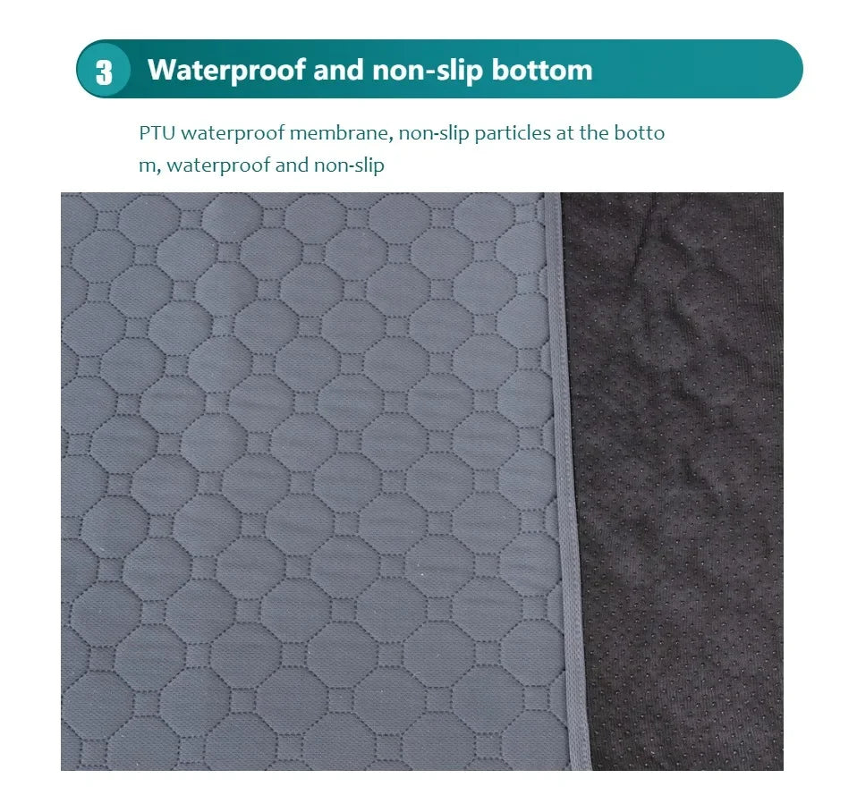 Close-up view of a gray waterproof and non-slip mat material next to a dark fabric.