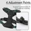 A black padded dog traction chest harness showing four adjustment points and a close-up of the strap.