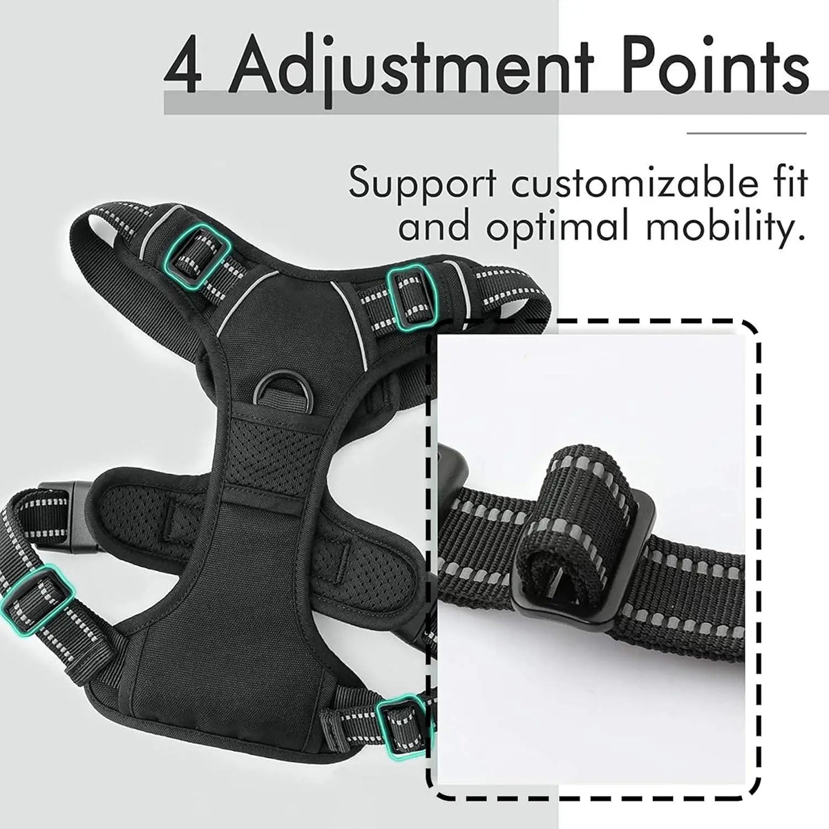 A black padded dog traction chest harness showing four adjustment points and a close-up of the strap.
