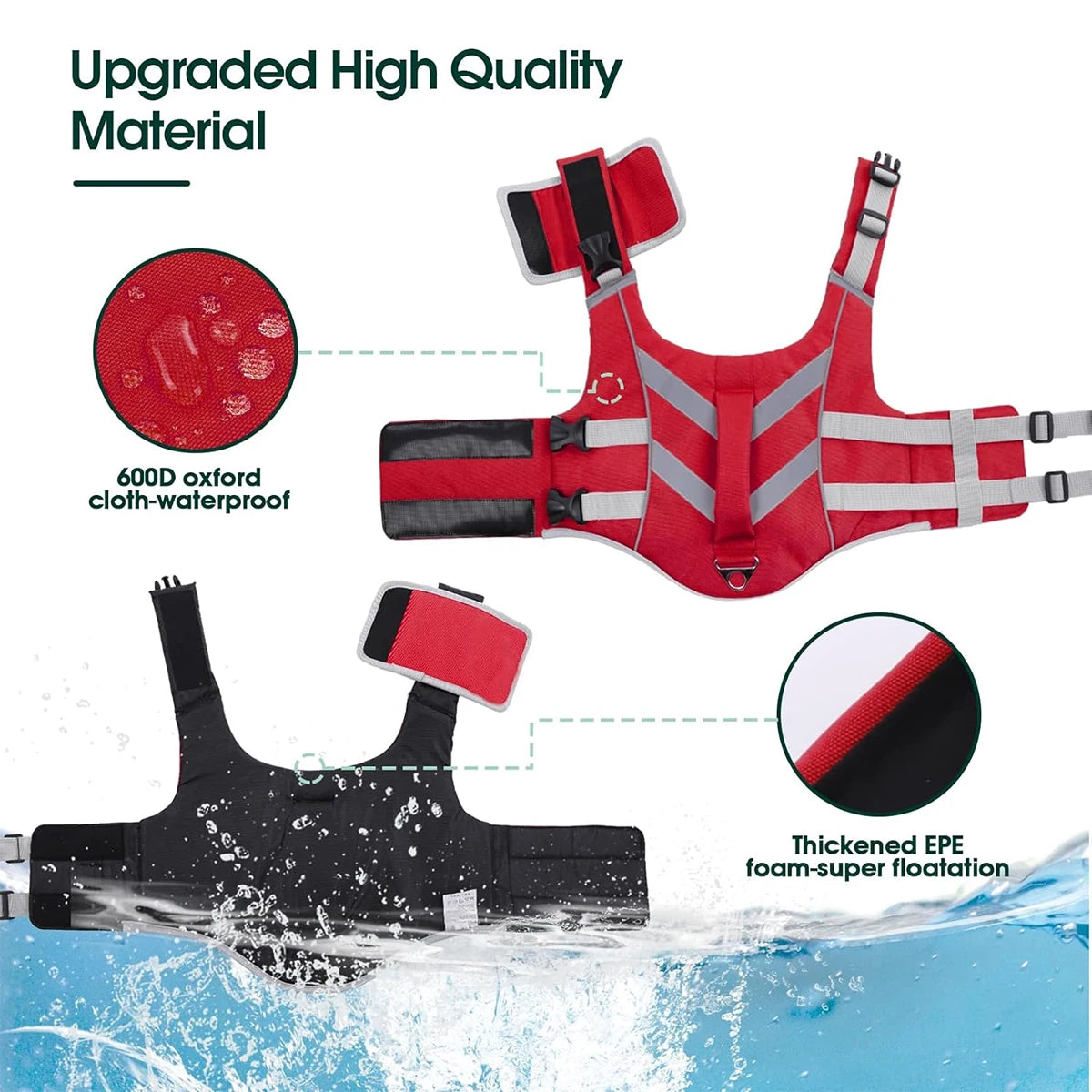Rotes und schwarzes wasserdichtes Hundeleinen-Jackett schwimmt im Wasser, hebt die hochwertige Materialqualität und Funktione