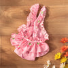 Pink gingham reusable dog diaper pants for small breeds lying on a wooden surface.