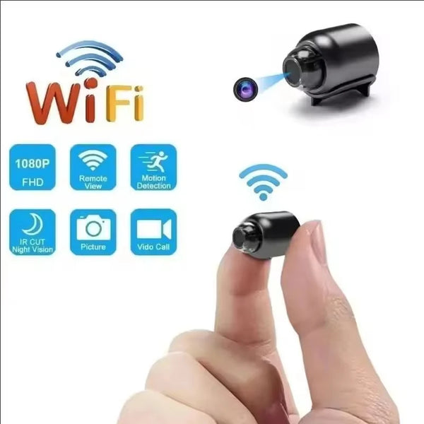 A hand is holding a compact 1080P wireless security camera, demonstrating its features.