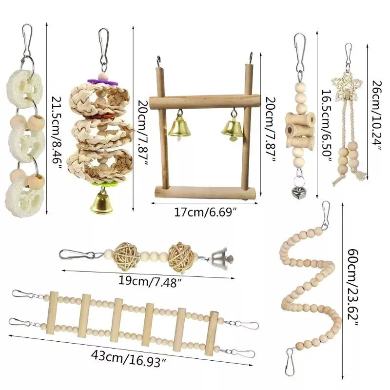 Set aus Kombinationen-Vogelspielzeug mit Holzstab, hängenden Spielzeugen und langer Holzkette zum Papageien-Training.