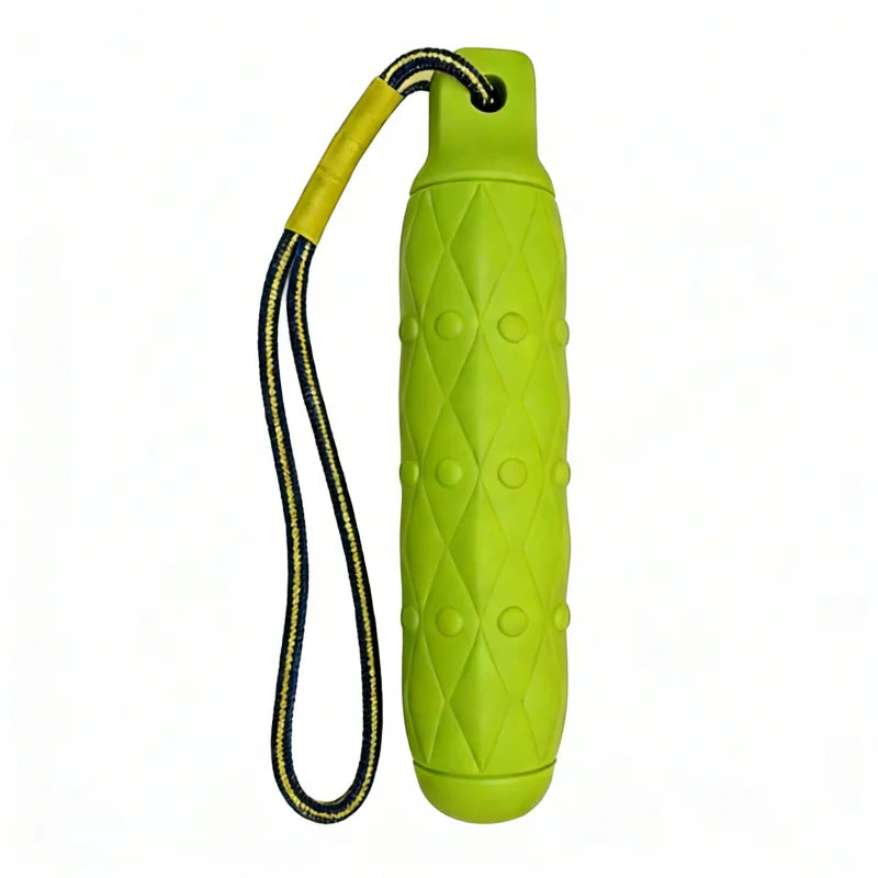 A lime green durable EVA chew toy for large dogs with a yellow lanyard.