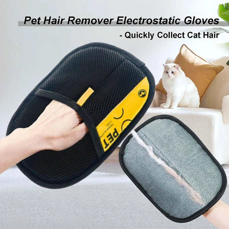 A hand is using a black electrostatic glove to remove cat hair from a pet.