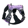 A purple and black tactical dog harness designed for secure control.