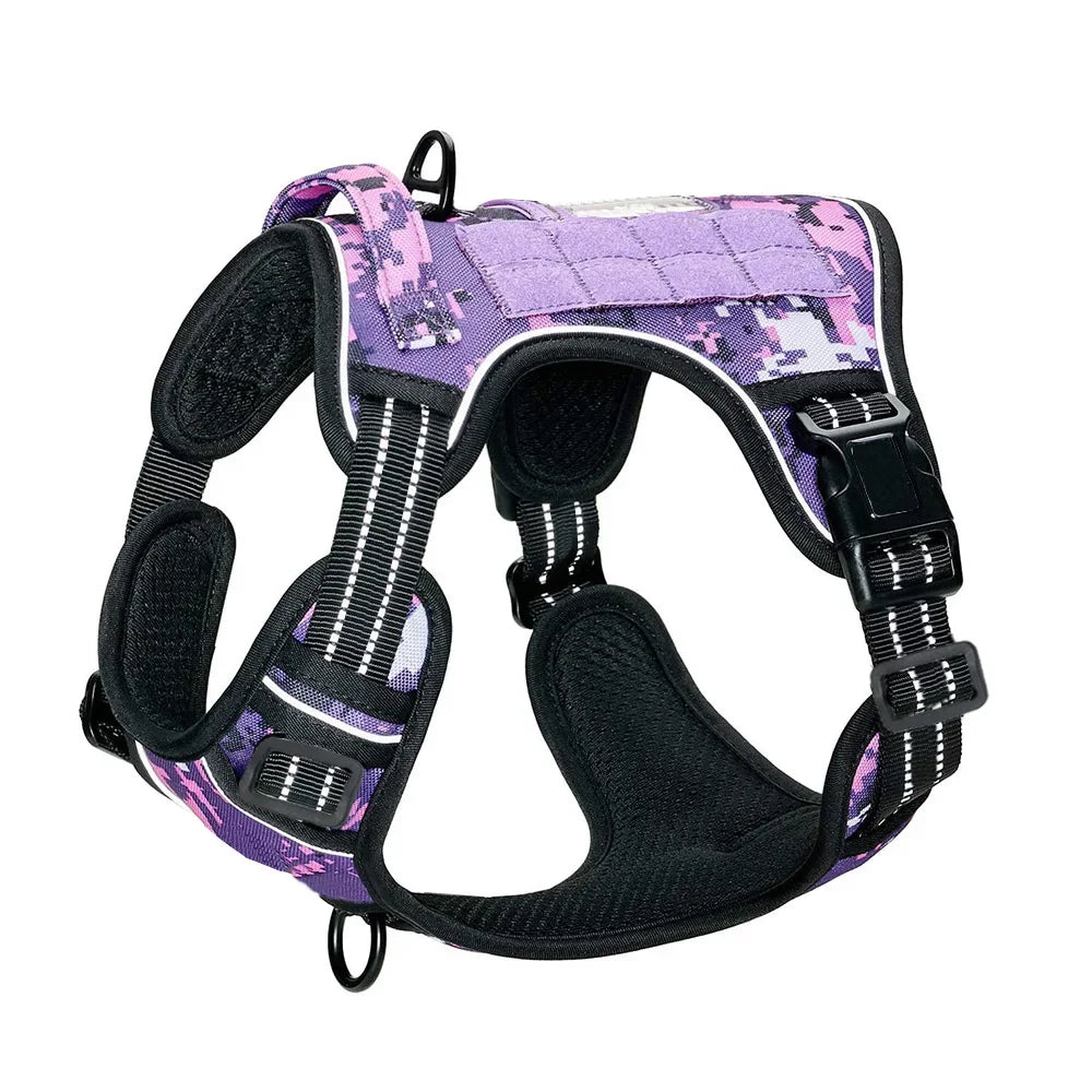 A purple and black tactical dog harness designed for secure control.