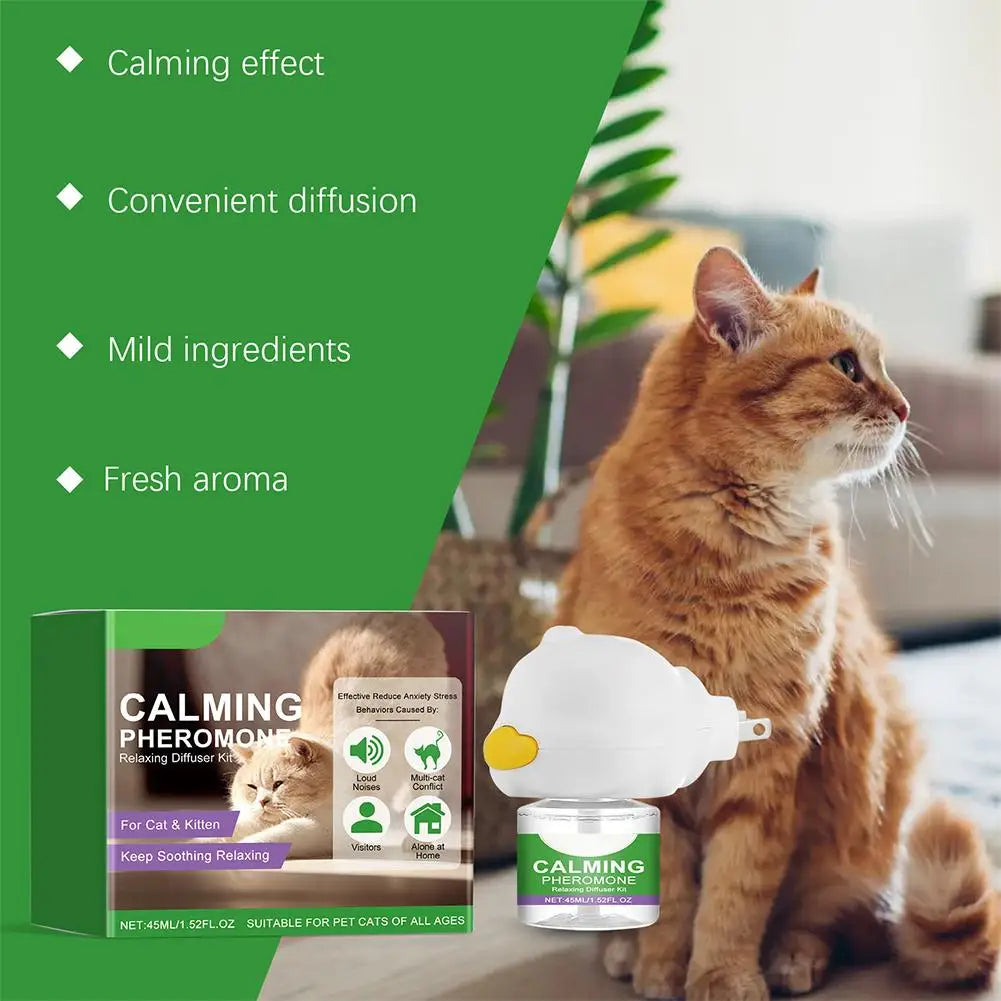 A ginger cat sits next to a white diffuser bottle and packaging for a calming pheromone product.