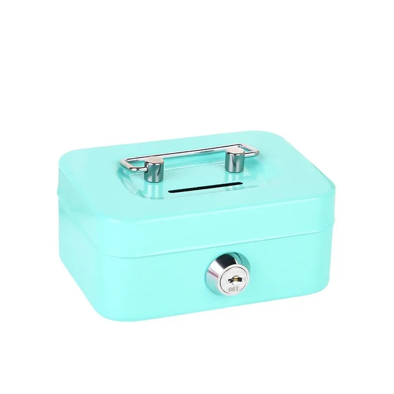 A light blue portable metal cash box with a silver lock and keys.