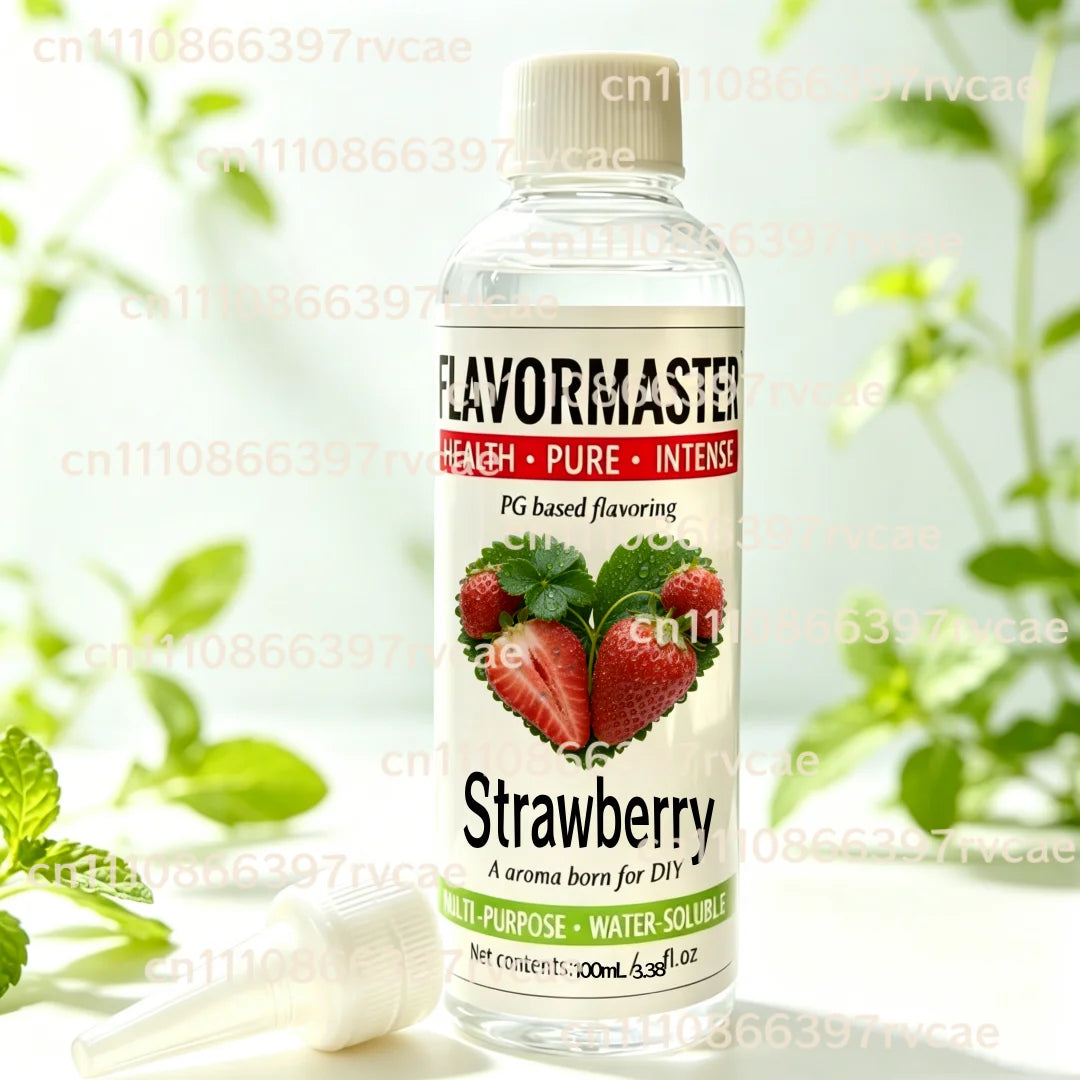 Flasche mit Erdbeergeschmackskonzentrat für DIY-Flüssigkeitsmischungen mit roter Erdbeerillustration