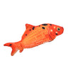 An orange and yellow electric floppy fish cat toy with black spots.