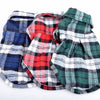 Three plaid button-up shirts for pets, featuring blue, red, and green patterns.