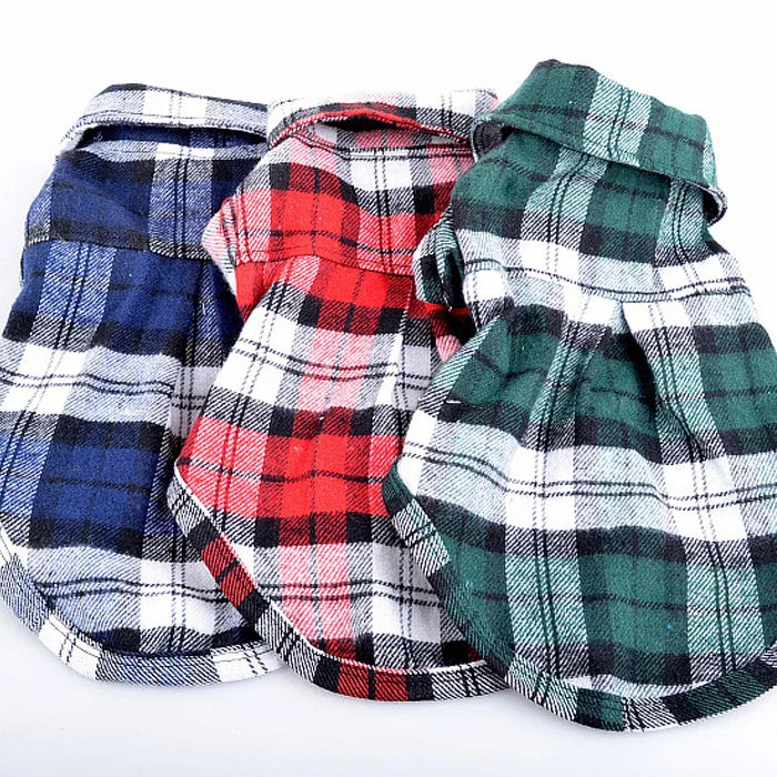 Three plaid button-up shirts for pets, featuring blue, red, and green patterns.