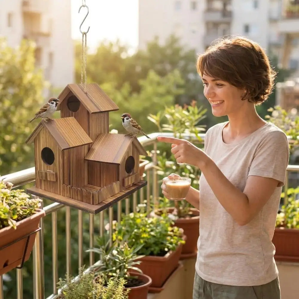 A young woman points at a rustic wooden bird house hanging on a balcony surrounded by potted plants.