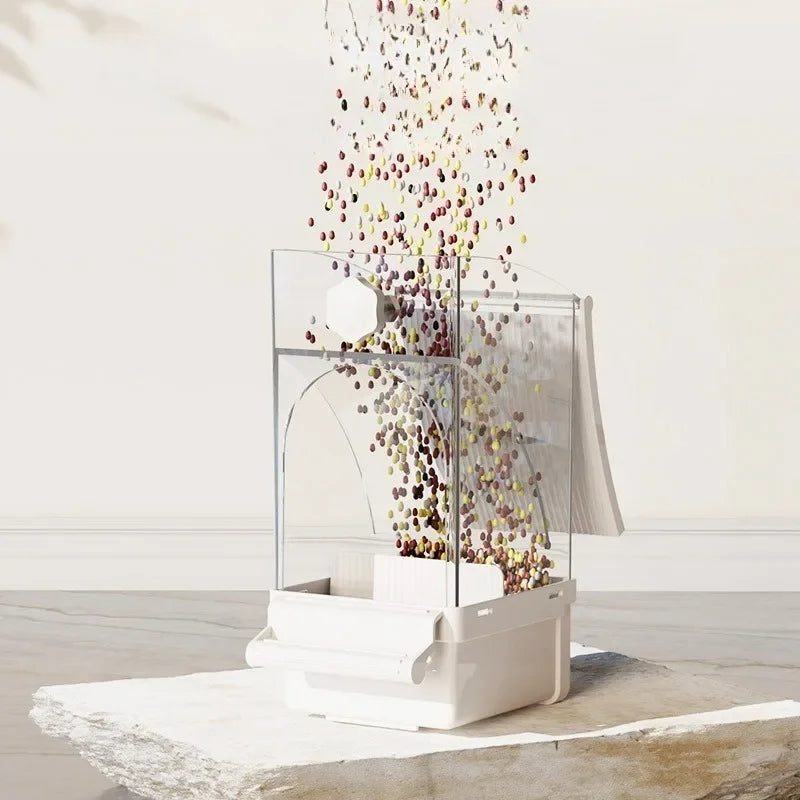 A glass automatic parrot feeder filled with colorful fruit and seeds is displayed on a light surface.