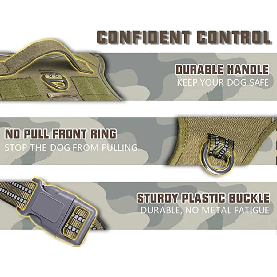 Close-up of a tan tactical dog harness showing features like a durable handle, no pull front ring, and a sturdy plastic buckl