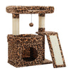 A compact cat tree with leopard print sisal scratching posts and cozy perches.